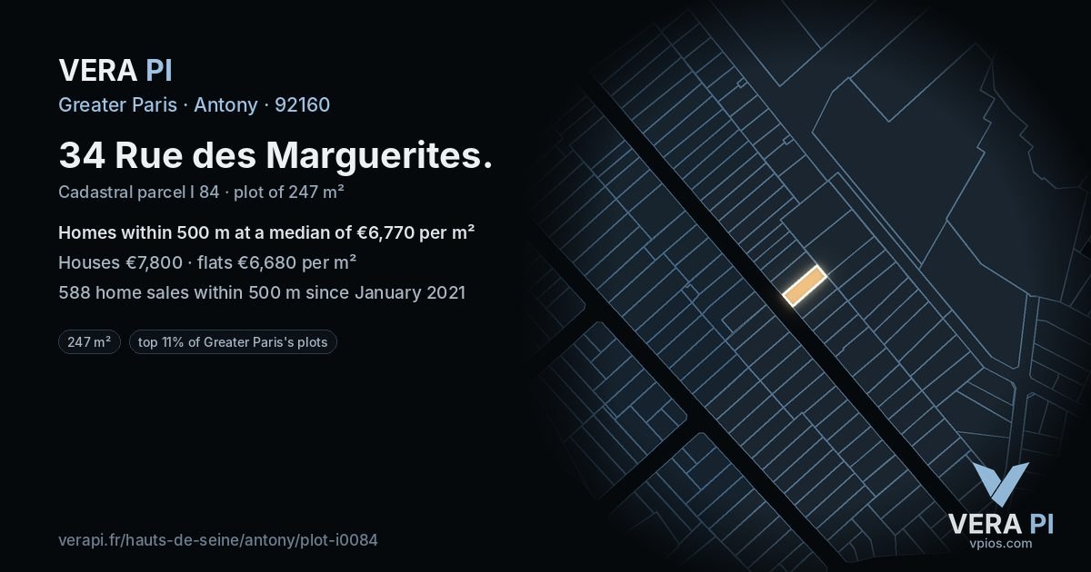 34 Rue des Marguerites, Antony at night – the plot lit, the parcels around coloured by the prices near them