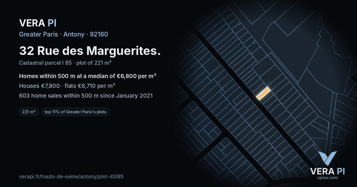 32 Rue des Marguerites, Antony at night – the plot lit, the parcels around coloured by the prices near them