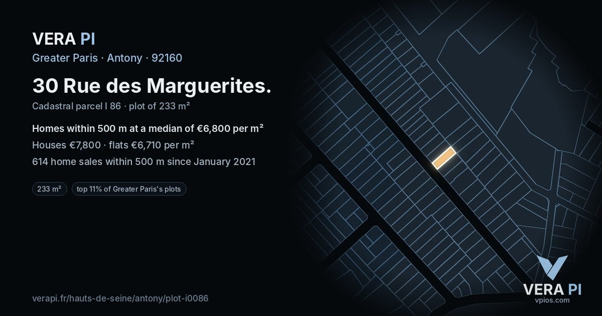 30 Rue des Marguerites, Antony at night – the plot lit, the parcels around coloured by the prices near them