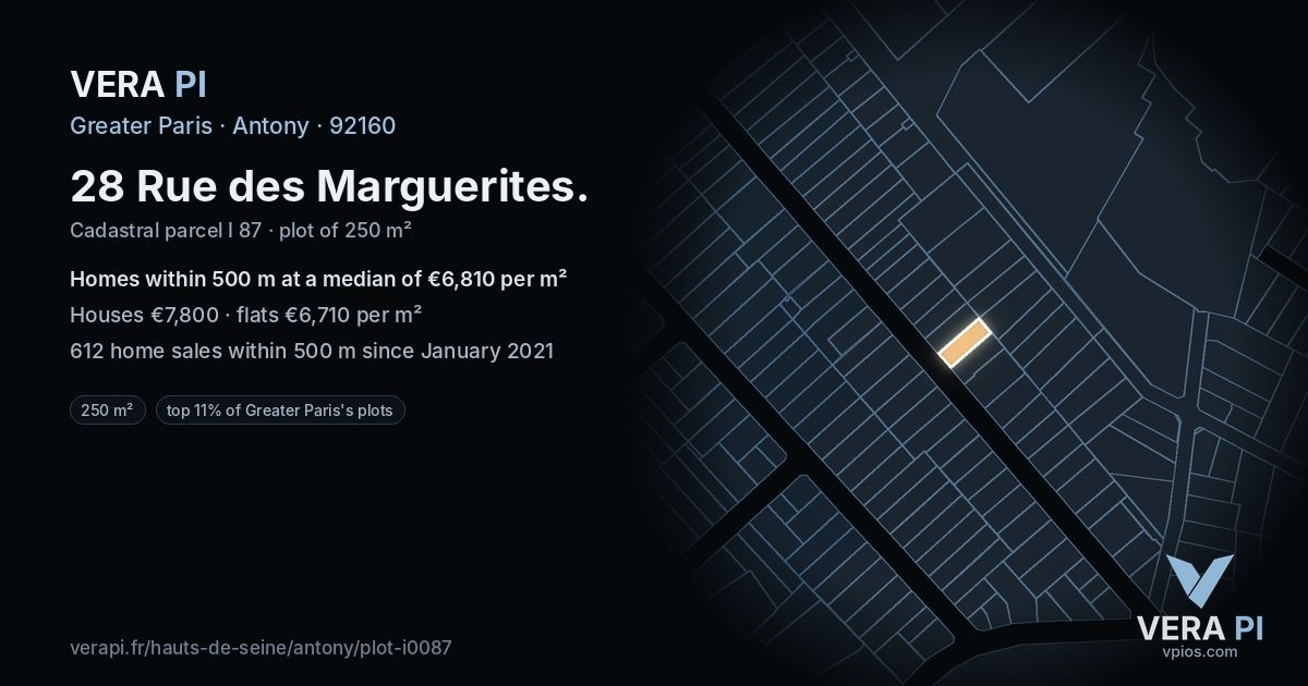 28 Rue des Marguerites, Antony at night – the plot lit, the parcels around coloured by the prices near them