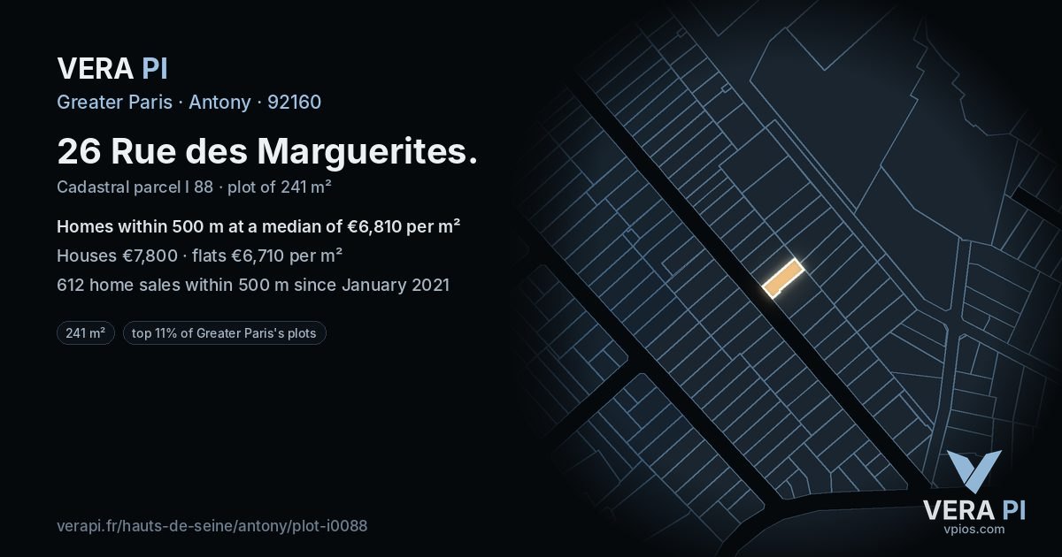 26 Rue des Marguerites, Antony at night – the plot lit, the parcels around coloured by the prices near them
