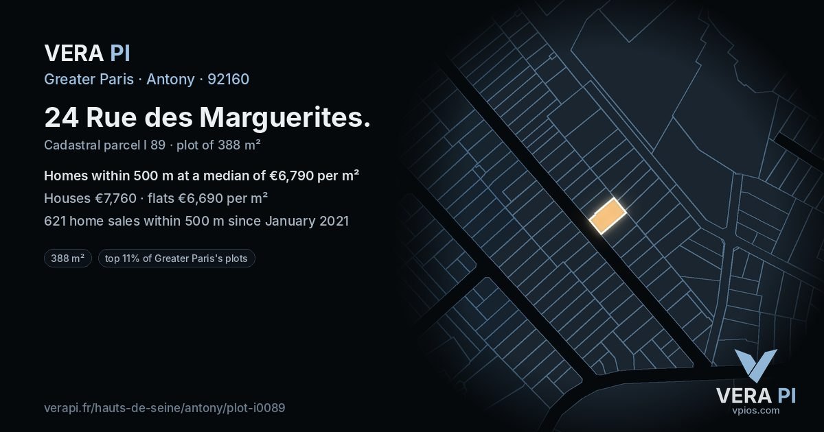 24 Rue des Marguerites, Antony at night – the plot lit, the parcels around coloured by the prices near them