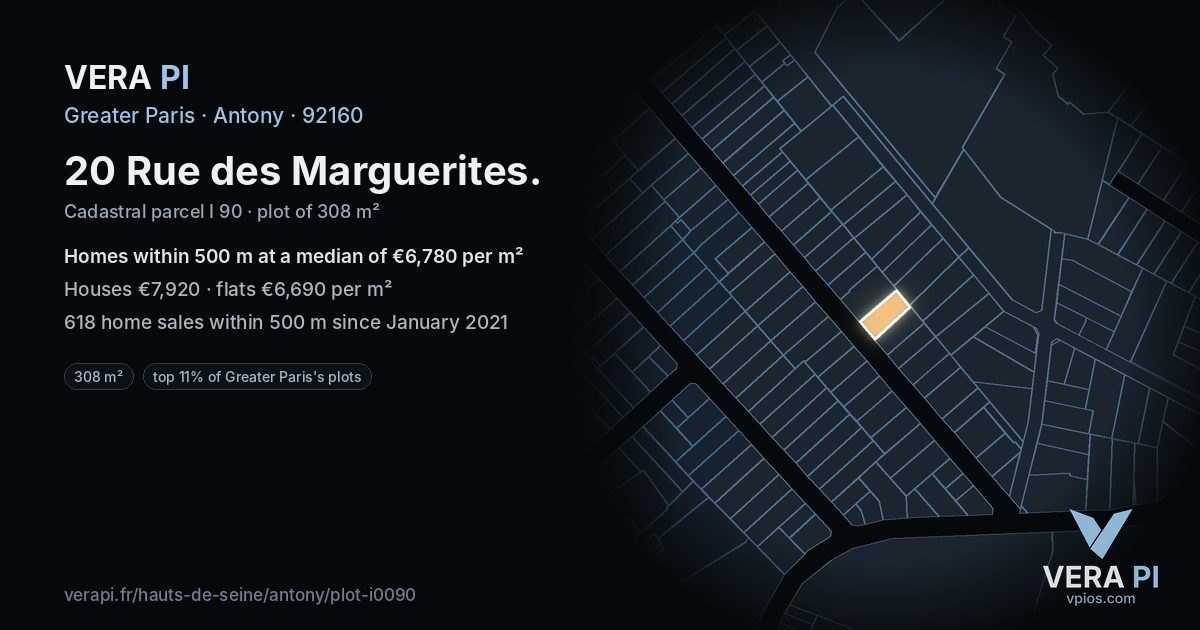 20 Rue des Marguerites, Antony at night – the plot lit, the parcels around coloured by the prices near them