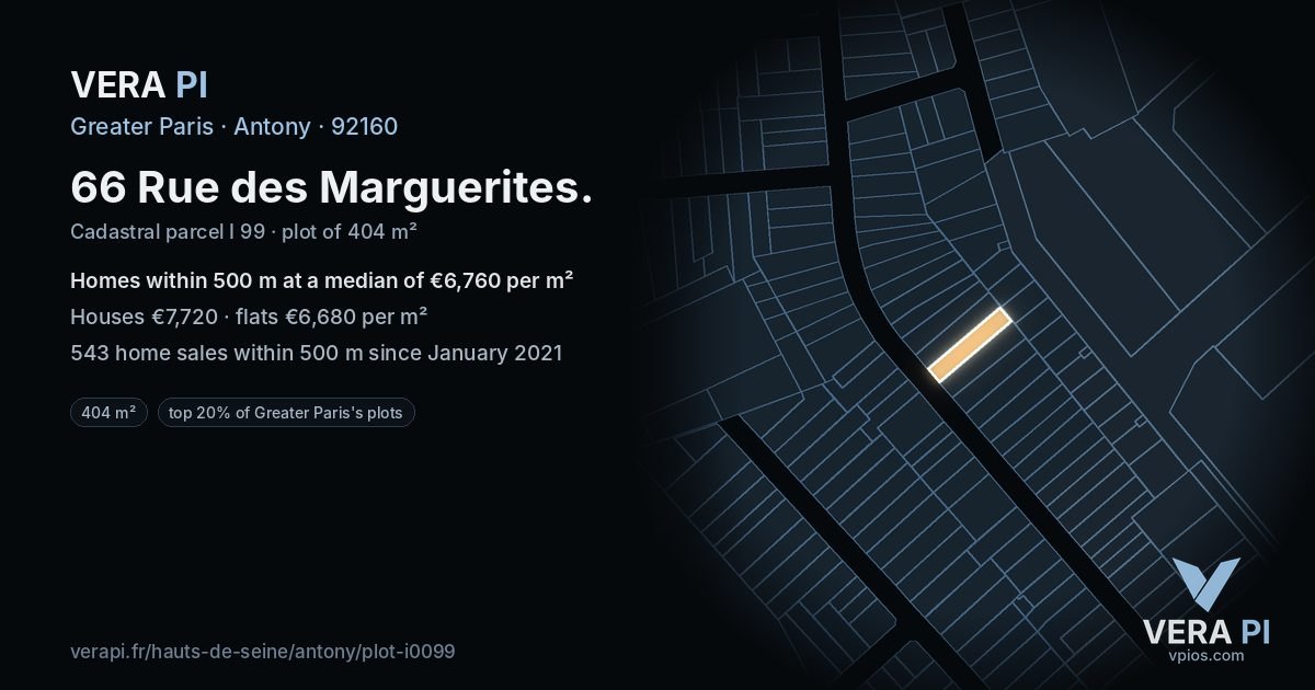 66 Rue des Marguerites, Antony at night – the plot lit, the parcels around coloured by the prices near them
