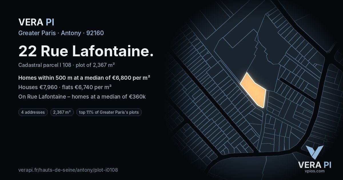 22 Rue Lafontaine, Antony at night – the plot lit, the parcels around coloured by the prices near them