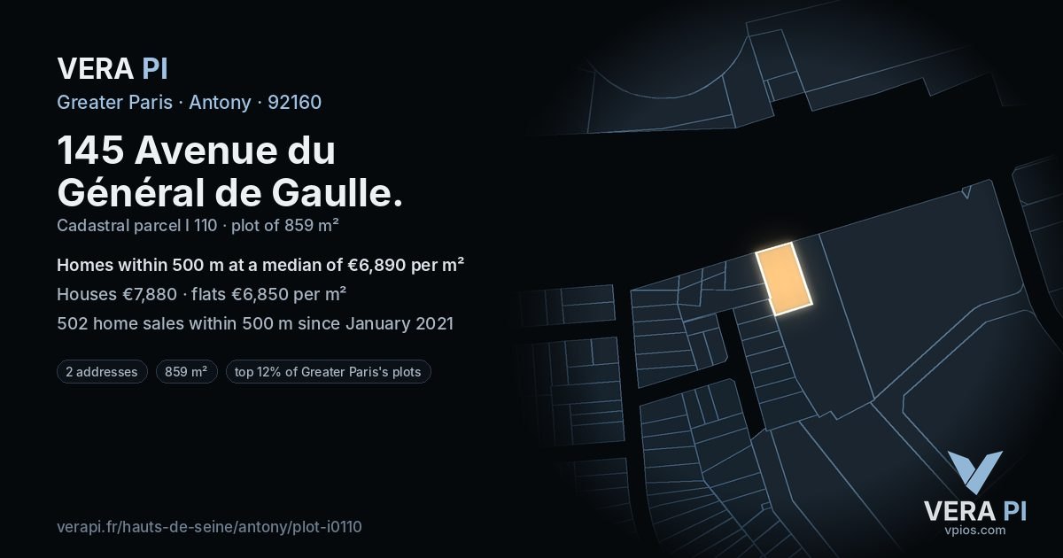 145 Avenue du Général de Gaulle, Antony at night – the plot lit, the parcels around coloured by the prices near them