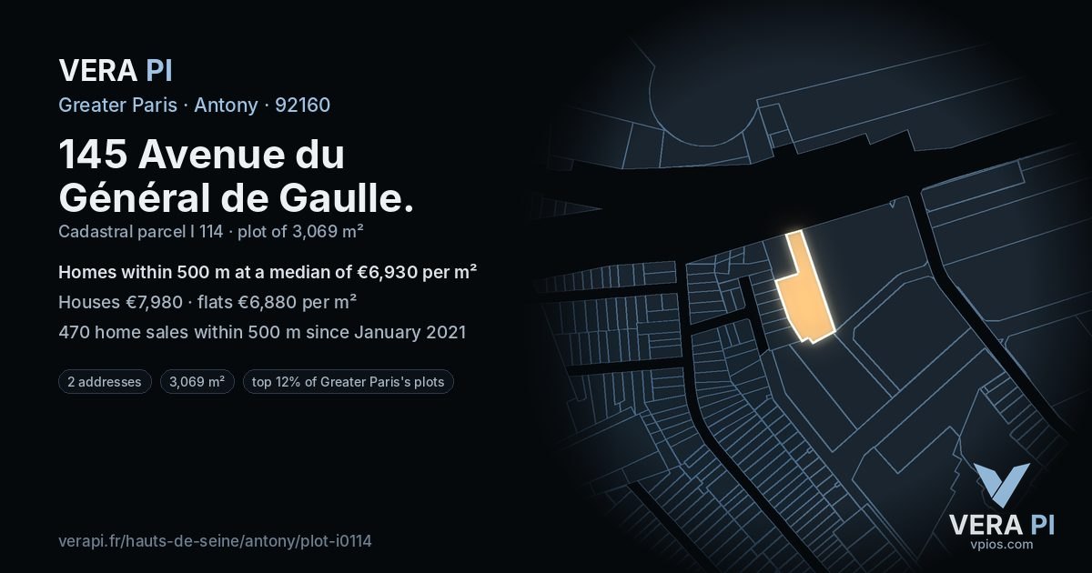145 Avenue du Général de Gaulle, Antony at night – the plot lit, the parcels around coloured by the prices near them