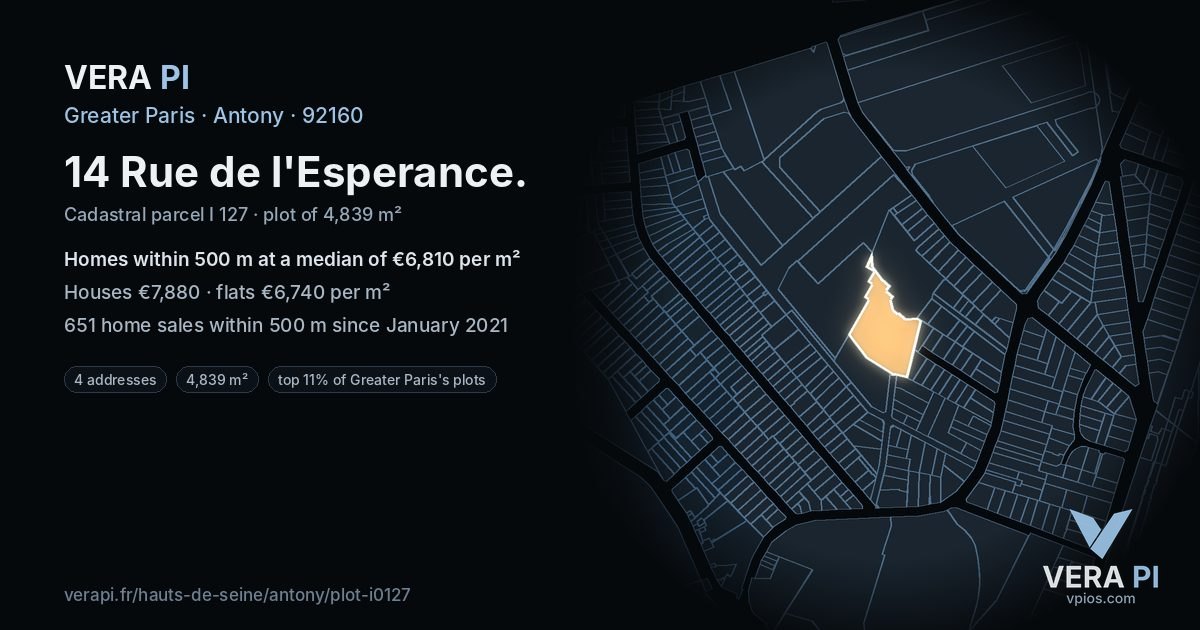 14 Rue de l'Esperance, Antony at night – the plot lit, the parcels around coloured by the prices near them