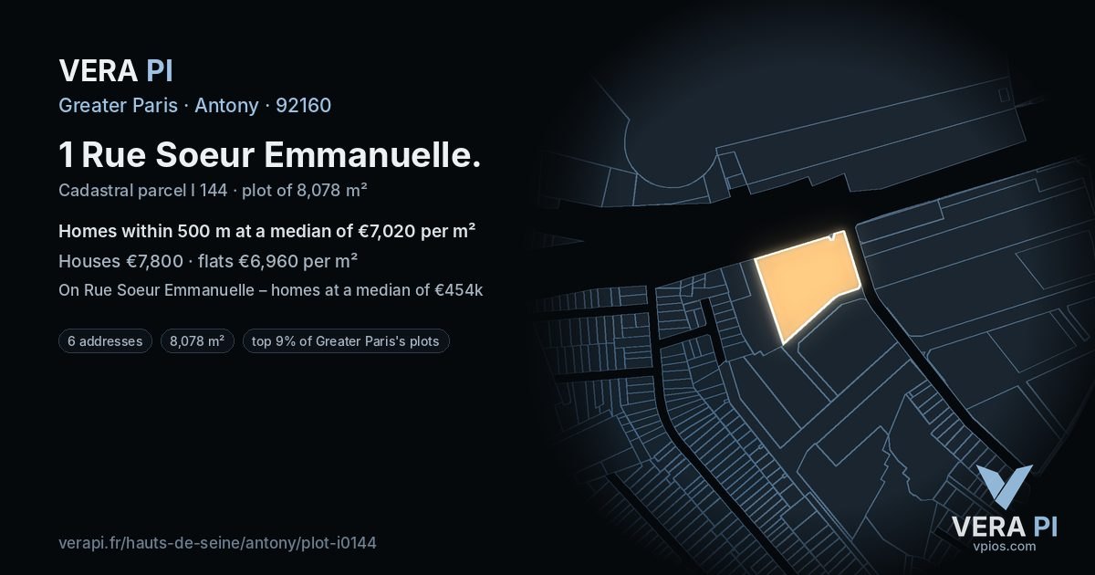 1 Rue Soeur Emmanuelle, Antony at night – the plot lit, the parcels around coloured by the prices near them