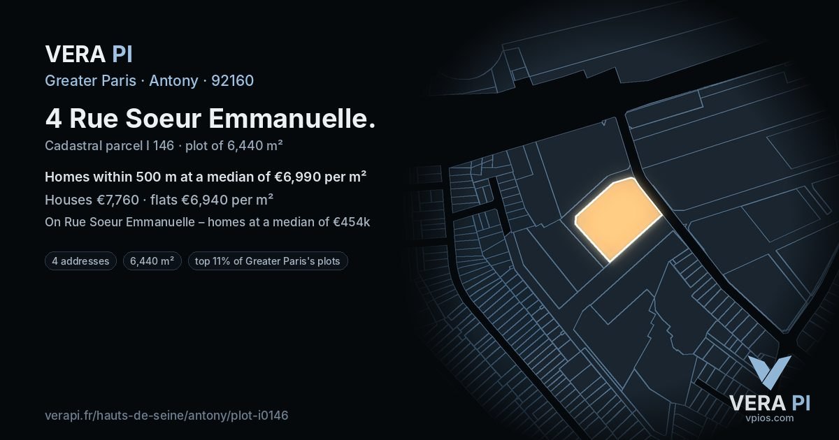 4 Rue Soeur Emmanuelle, Antony at night – the plot lit, the parcels around coloured by the prices near them