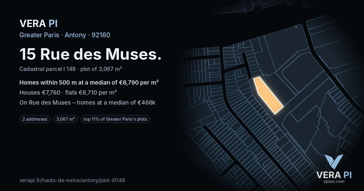 15 Rue des Muses, Antony at night – the plot lit, the parcels around coloured by the prices near them