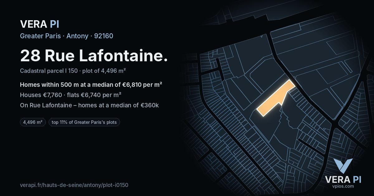 28 Rue Lafontaine, Antony at night – the plot lit, the parcels around coloured by the prices near them