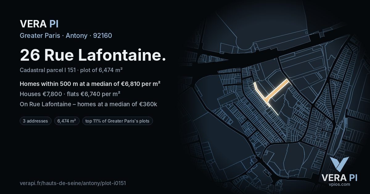 26 Rue Lafontaine, Antony at night – the plot lit, the parcels around coloured by the prices near them
