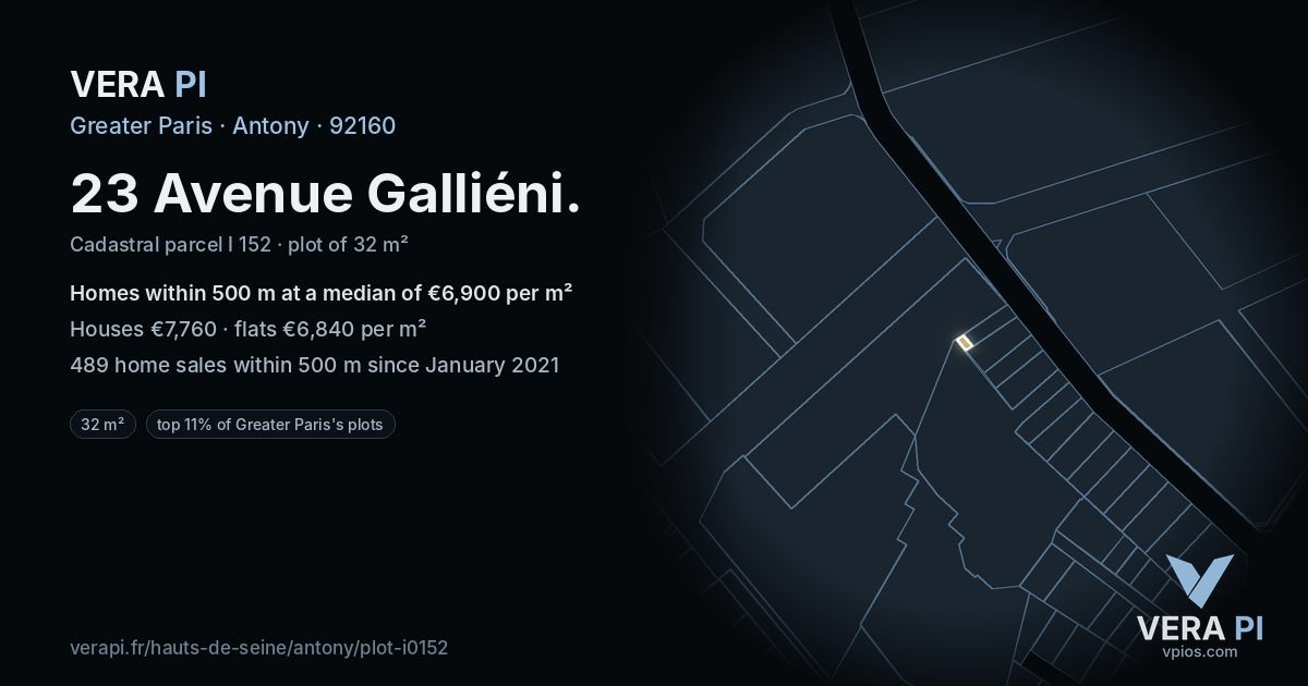 23 Avenue Galliéni, Antony at night – the plot lit, the parcels around coloured by the prices near them