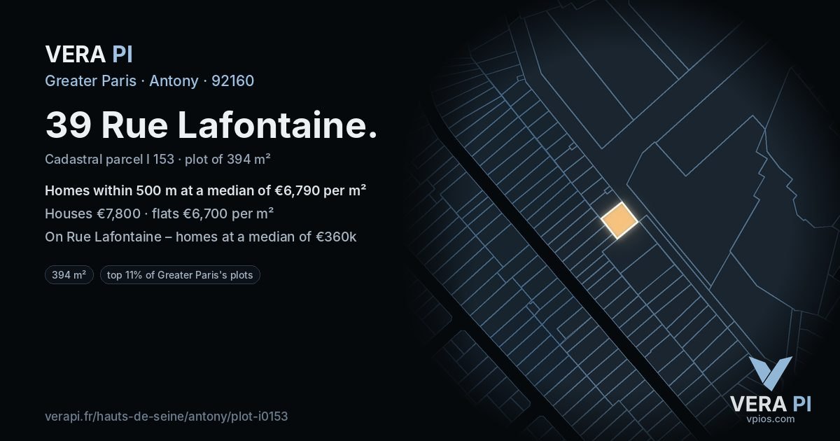 39 Rue Lafontaine, Antony at night – the plot lit, the parcels around coloured by the prices near them