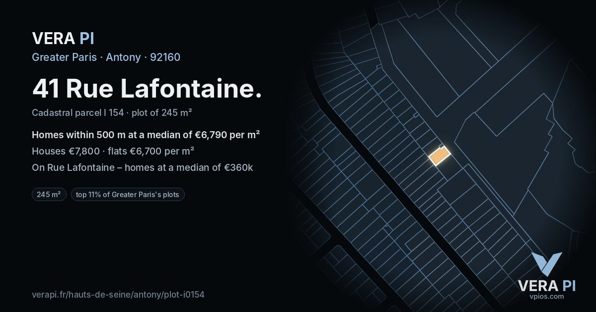 41 Rue Lafontaine, Antony at night – the plot lit, the parcels around coloured by the prices near them