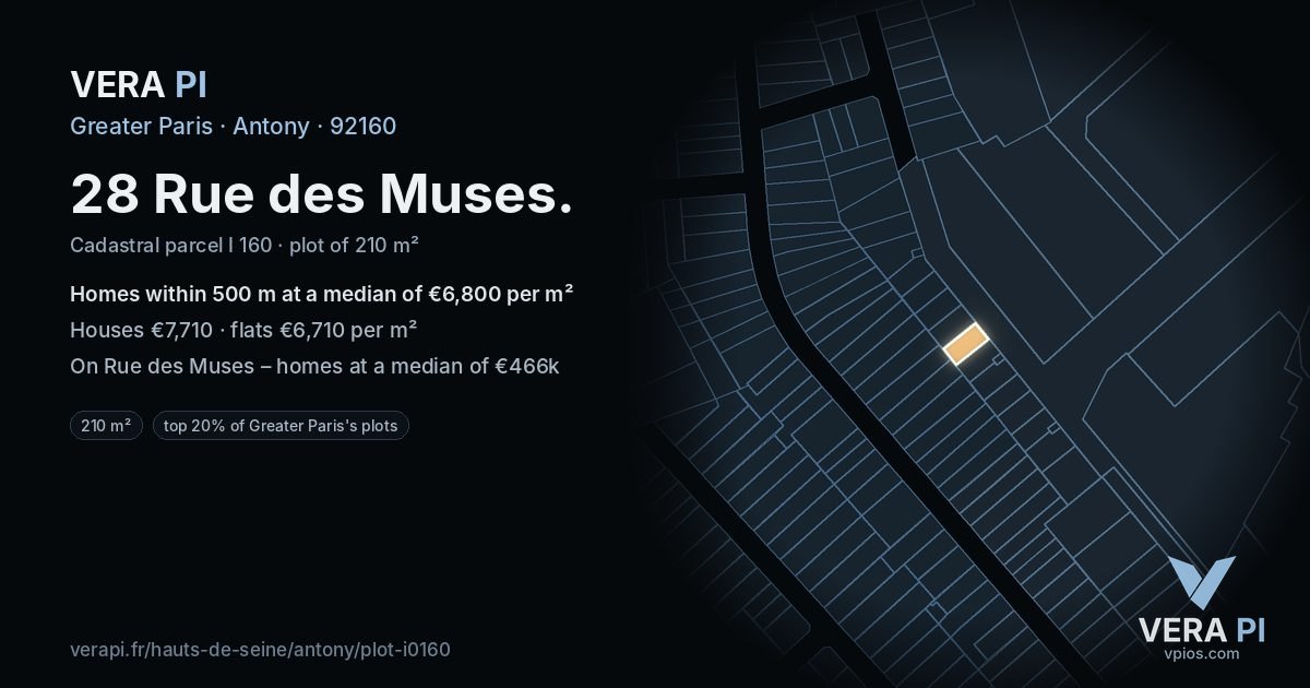 28 Rue des Muses, Antony at night – the plot lit, the parcels around coloured by the prices near them