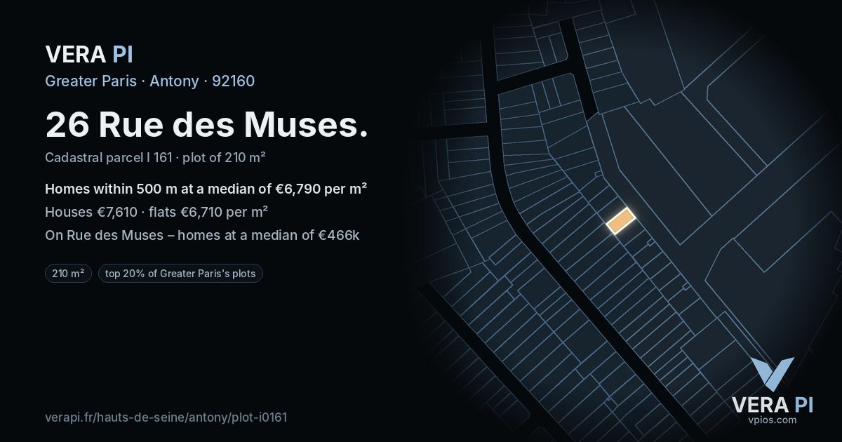 26 Rue des Muses, Antony at night – the plot lit, the parcels around coloured by the prices near them