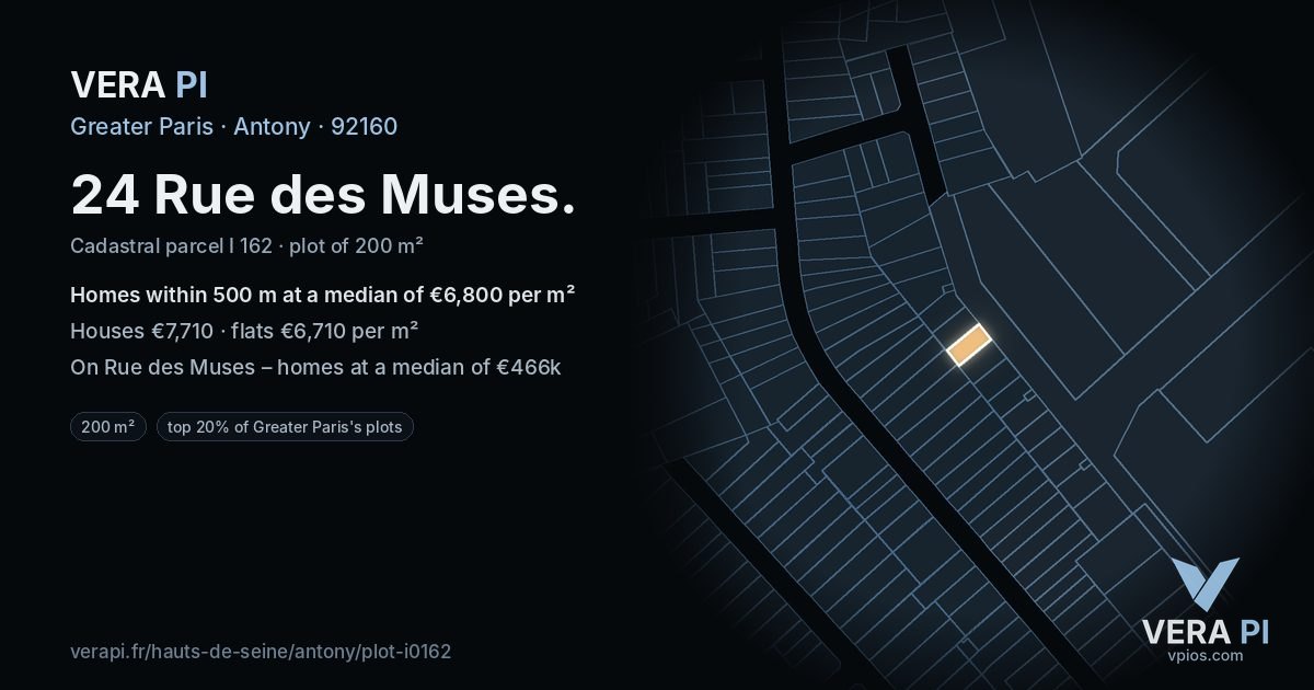 24 Rue des Muses, Antony at night – the plot lit, the parcels around coloured by the prices near them