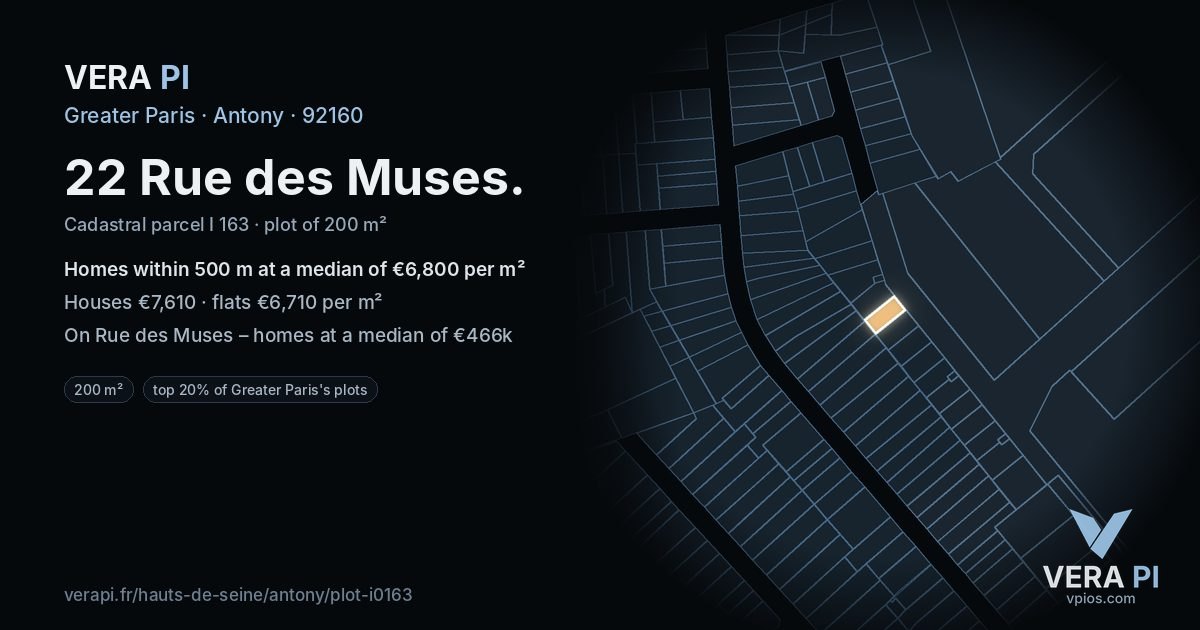 22 Rue des Muses, Antony at night – the plot lit, the parcels around coloured by the prices near them
