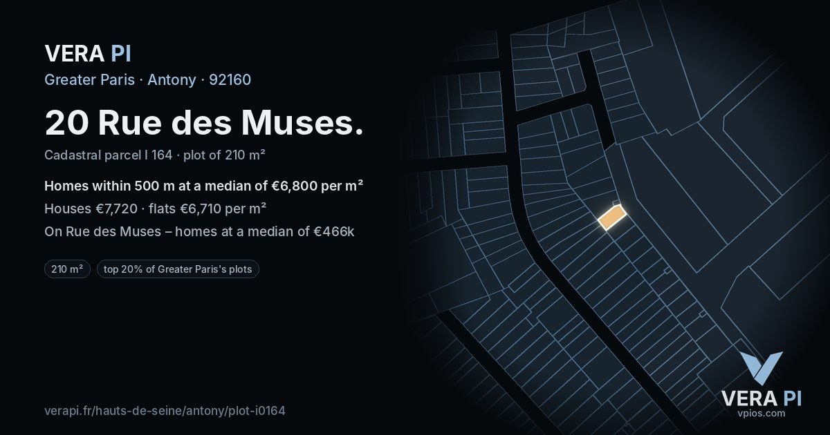 20 Rue des Muses, Antony at night – the plot lit, the parcels around coloured by the prices near them