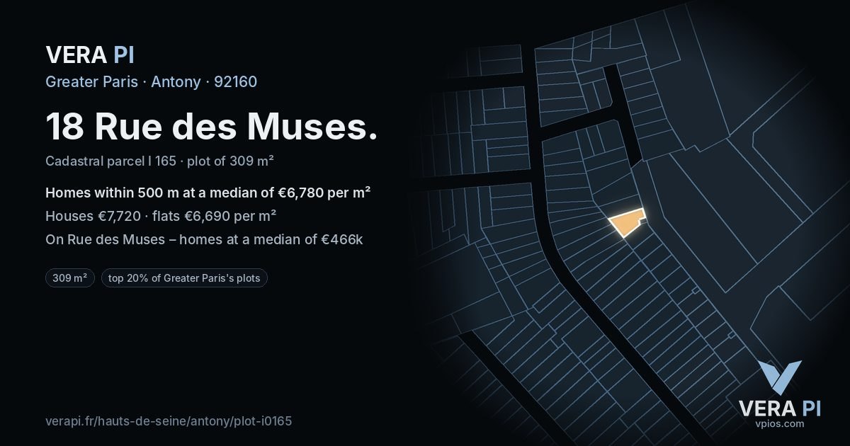 18 Rue des Muses, Antony at night – the plot lit, the parcels around coloured by the prices near them
