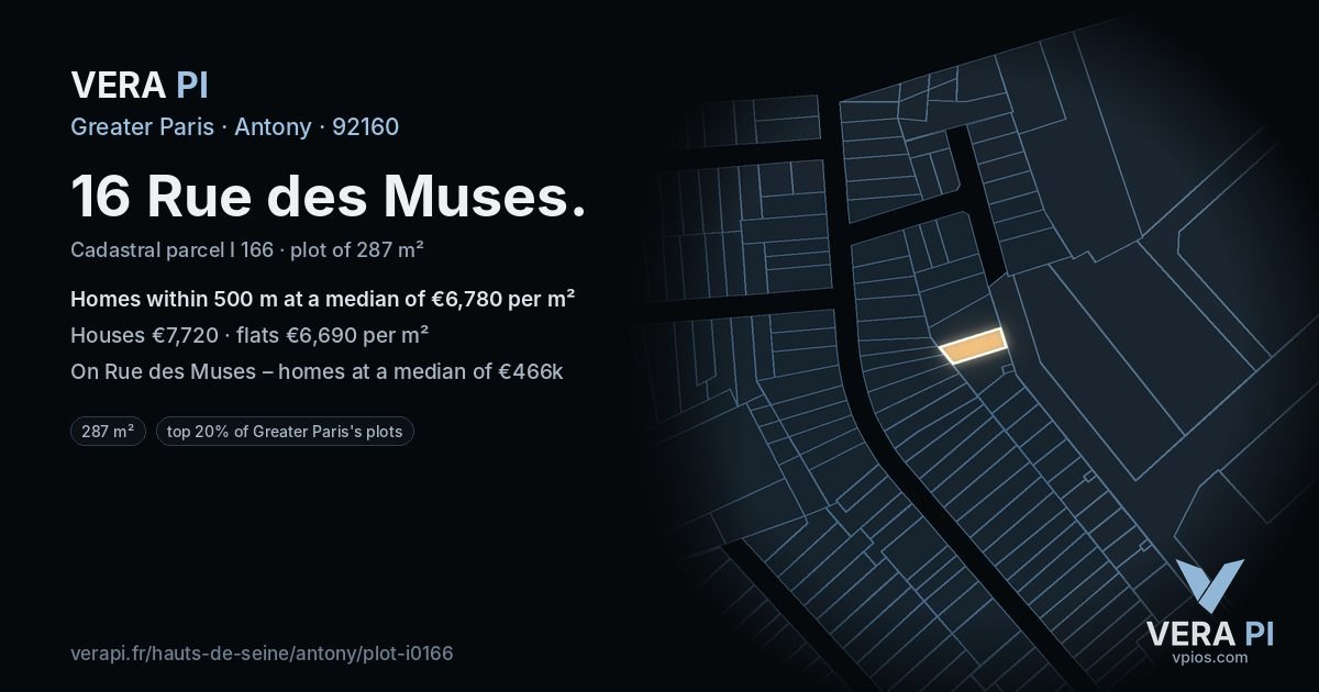 16 Rue des Muses, Antony at night – the plot lit, the parcels around coloured by the prices near them