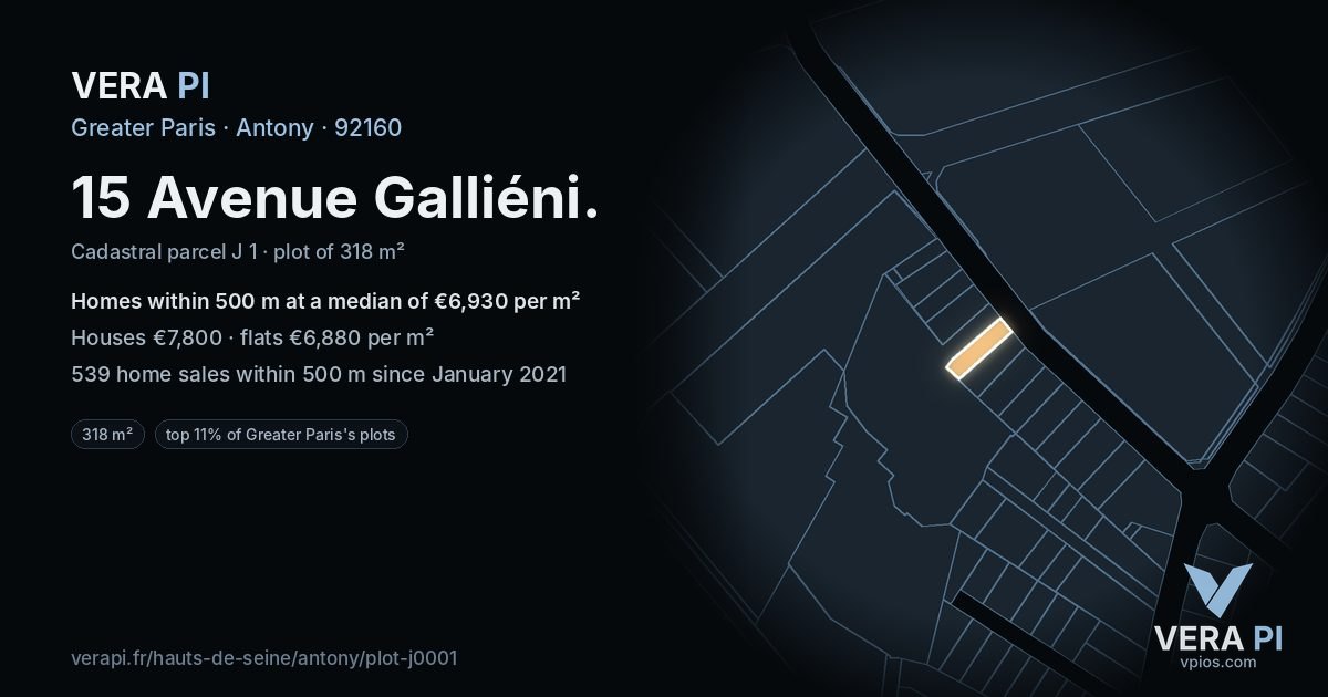 15 Avenue Galliéni, Antony at night – the plot lit, the parcels around coloured by the prices near them