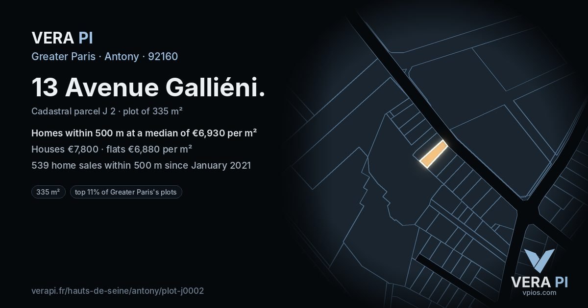 13 Avenue Galliéni, Antony at night – the plot lit, the parcels around coloured by the prices near them