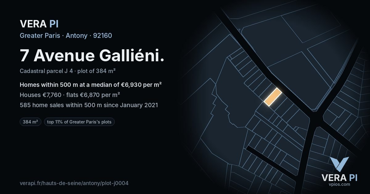 7 Avenue Galliéni, Antony at night – the plot lit, the parcels around coloured by the prices near them
