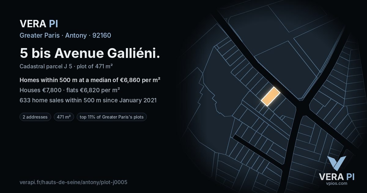 5 bis Avenue Galliéni, Antony at night – the plot lit, the parcels around coloured by the prices near them