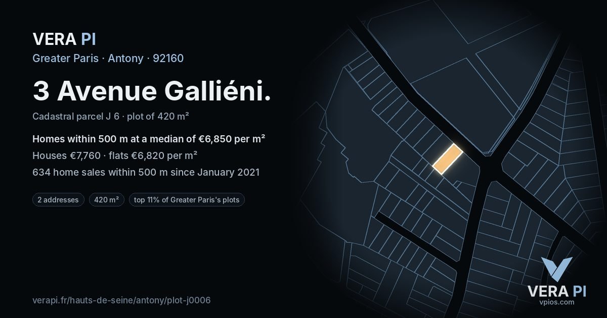 3 Avenue Galliéni, Antony at night – the plot lit, the parcels around coloured by the prices near them