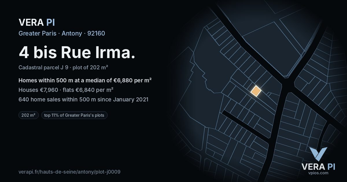 4 bis Rue Irma, Antony at night – the plot lit, the parcels around coloured by the prices near them