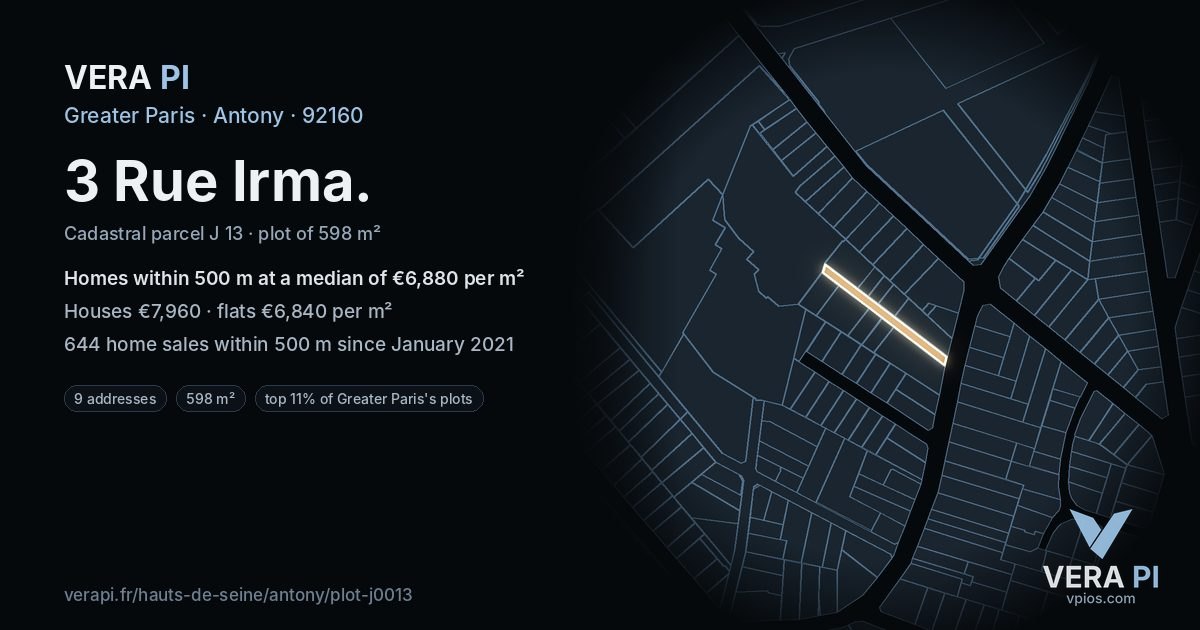 3 Rue Irma, Antony at night – the plot lit, the parcels around coloured by the prices near them