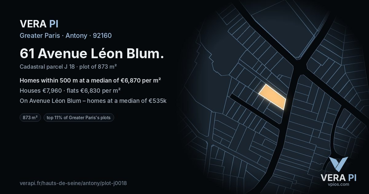 61 Avenue Léon Blum, Antony at night – the plot lit, the parcels around coloured by the prices near them