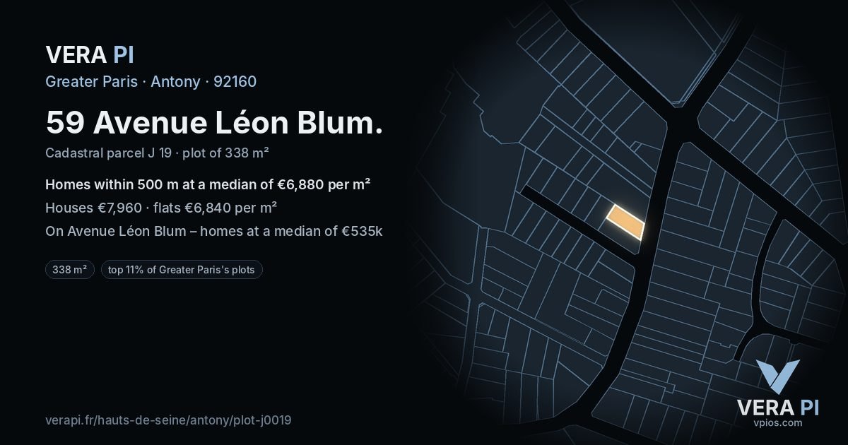 59 Avenue Léon Blum, Antony at night – the plot lit, the parcels around coloured by the prices near them