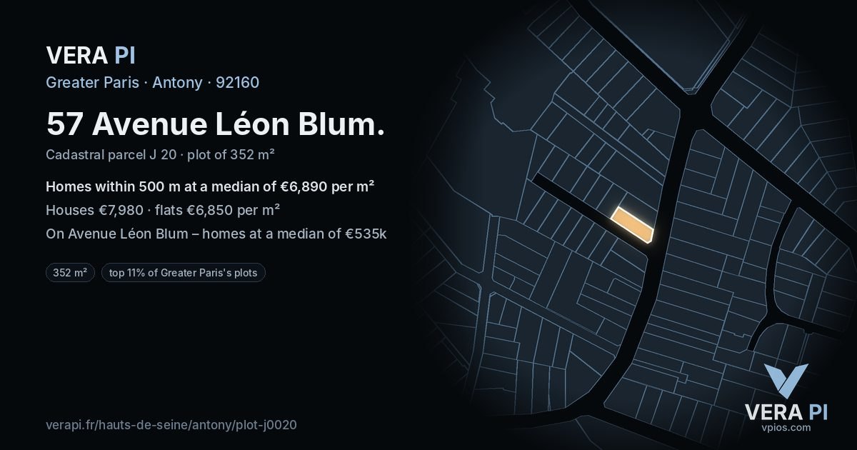 57 Avenue Léon Blum, Antony at night – the plot lit, the parcels around coloured by the prices near them
