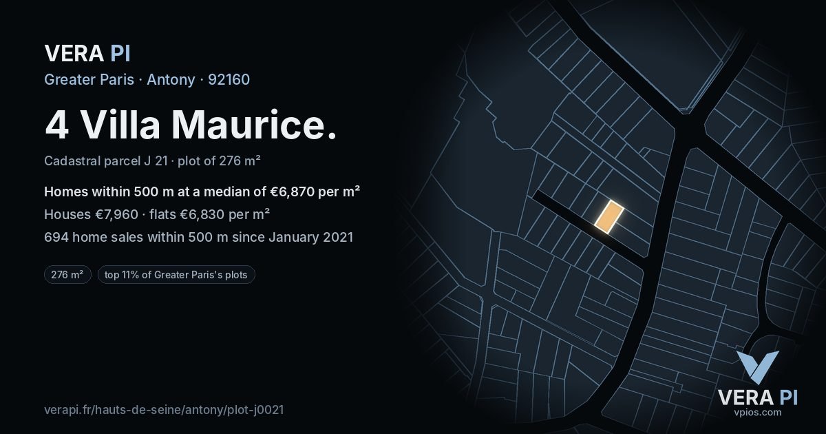 4 Villa Maurice, Antony at night – the plot lit, the parcels around coloured by the prices near them