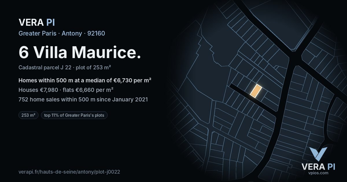 6 Villa Maurice, Antony at night – the plot lit, the parcels around coloured by the prices near them