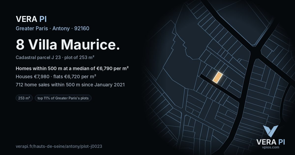 8 Villa Maurice, Antony at night – the plot lit, the parcels around coloured by the prices near them