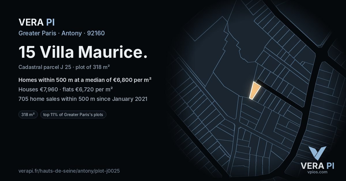 15 Villa Maurice, Antony at night – the plot lit, the parcels around coloured by the prices near them
