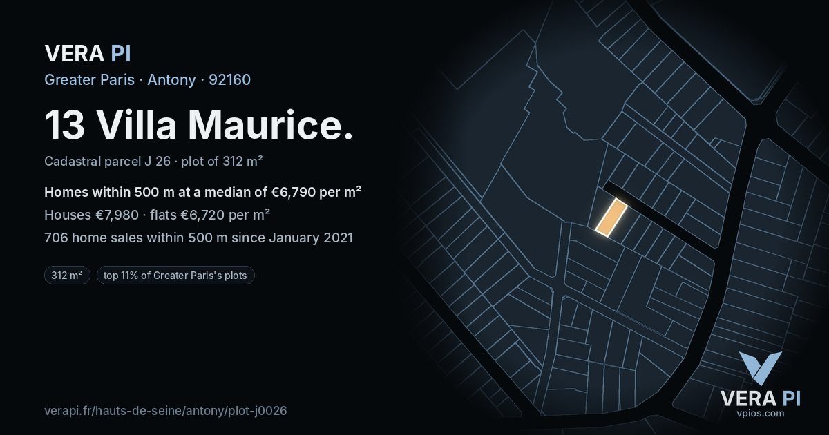 13 Villa Maurice, Antony at night – the plot lit, the parcels around coloured by the prices near them
