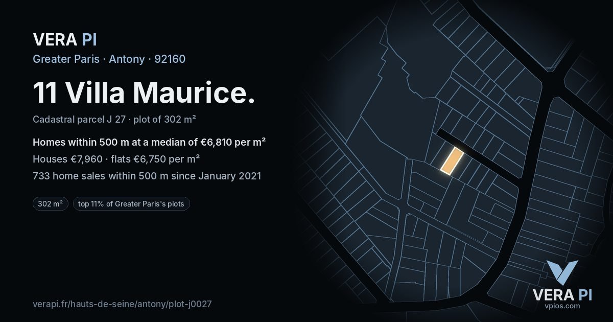 11 Villa Maurice, Antony at night – the plot lit, the parcels around coloured by the prices near them