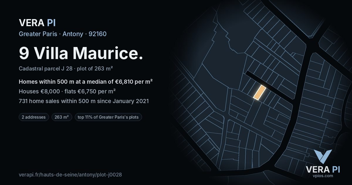 9 Villa Maurice, Antony at night – the plot lit, the parcels around coloured by the prices near them