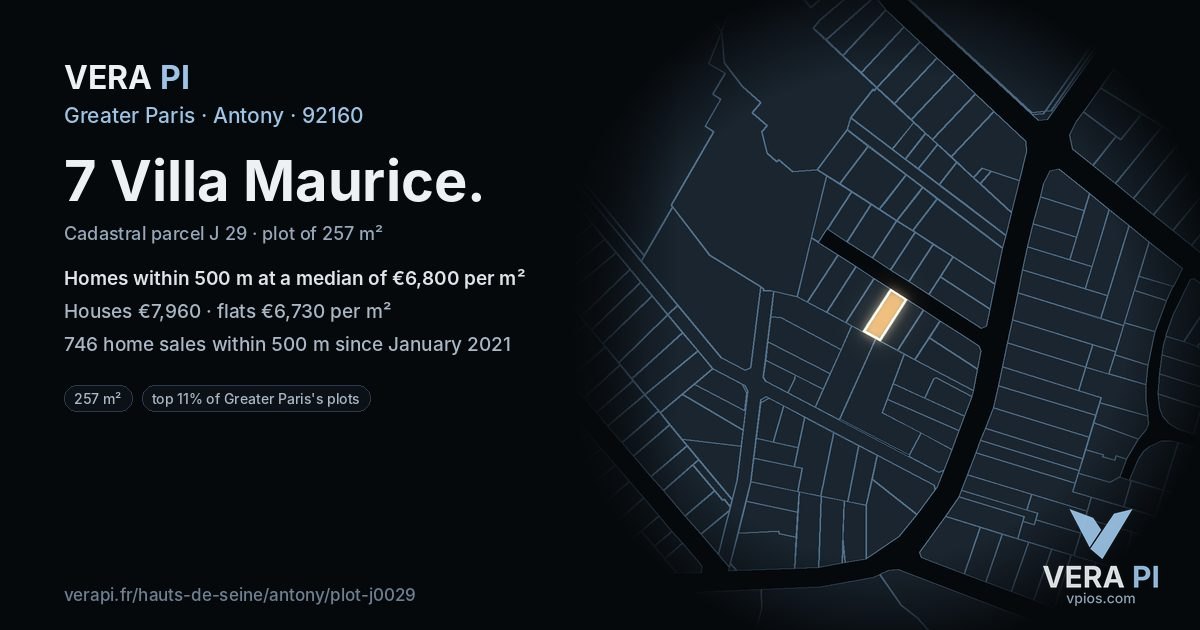 7 Villa Maurice, Antony at night – the plot lit, the parcels around coloured by the prices near them