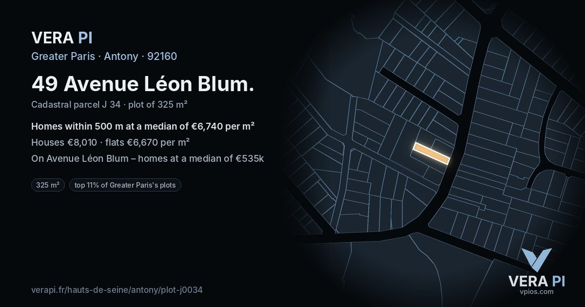 49 Avenue Léon Blum, Antony at night – the plot lit, the parcels around coloured by the prices near them