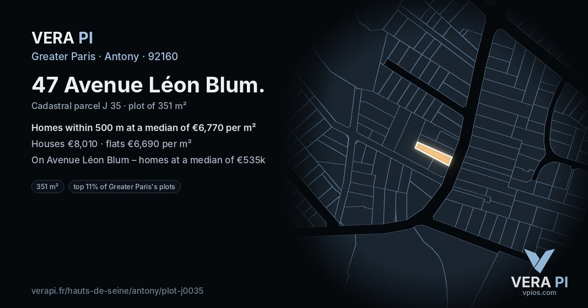 47 Avenue Léon Blum, Antony at night – the plot lit, the parcels around coloured by the prices near them