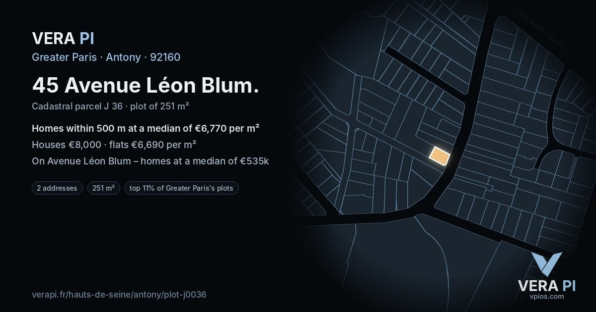 45 Avenue Léon Blum, Antony at night – the plot lit, the parcels around coloured by the prices near them
