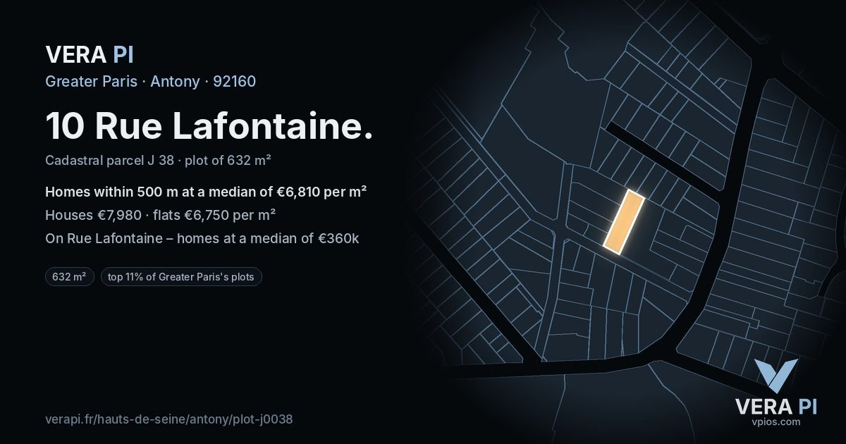 10 Rue Lafontaine, Antony at night – the plot lit, the parcels around coloured by the prices near them