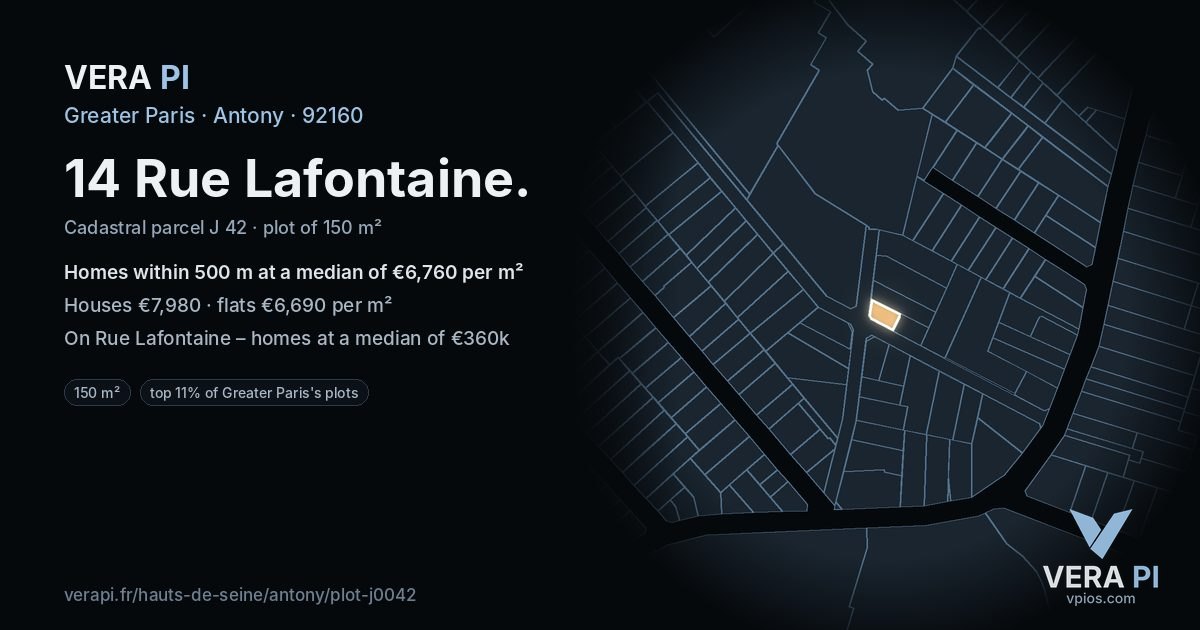 14 Rue Lafontaine, Antony at night – the plot lit, the parcels around coloured by the prices near them